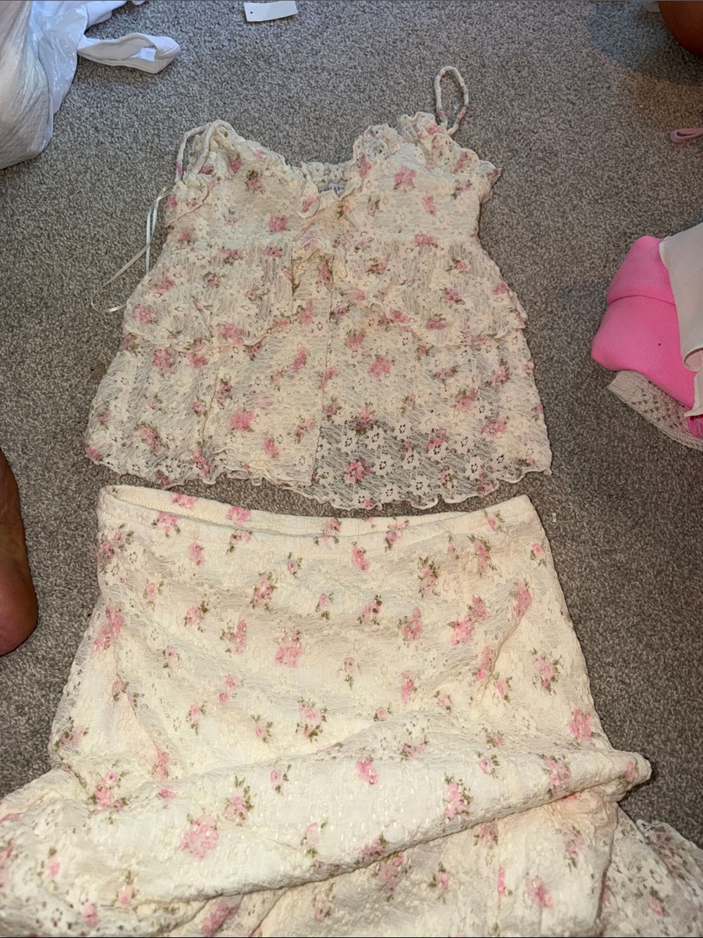 Primark Floral Lace Cream & Pink Women's Skirt and tank set